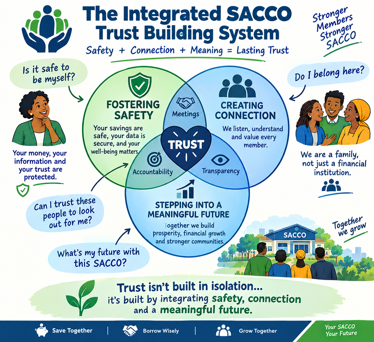 Integrated SACCO trust-building system showing safety, connection, meaning, accountability and transparency