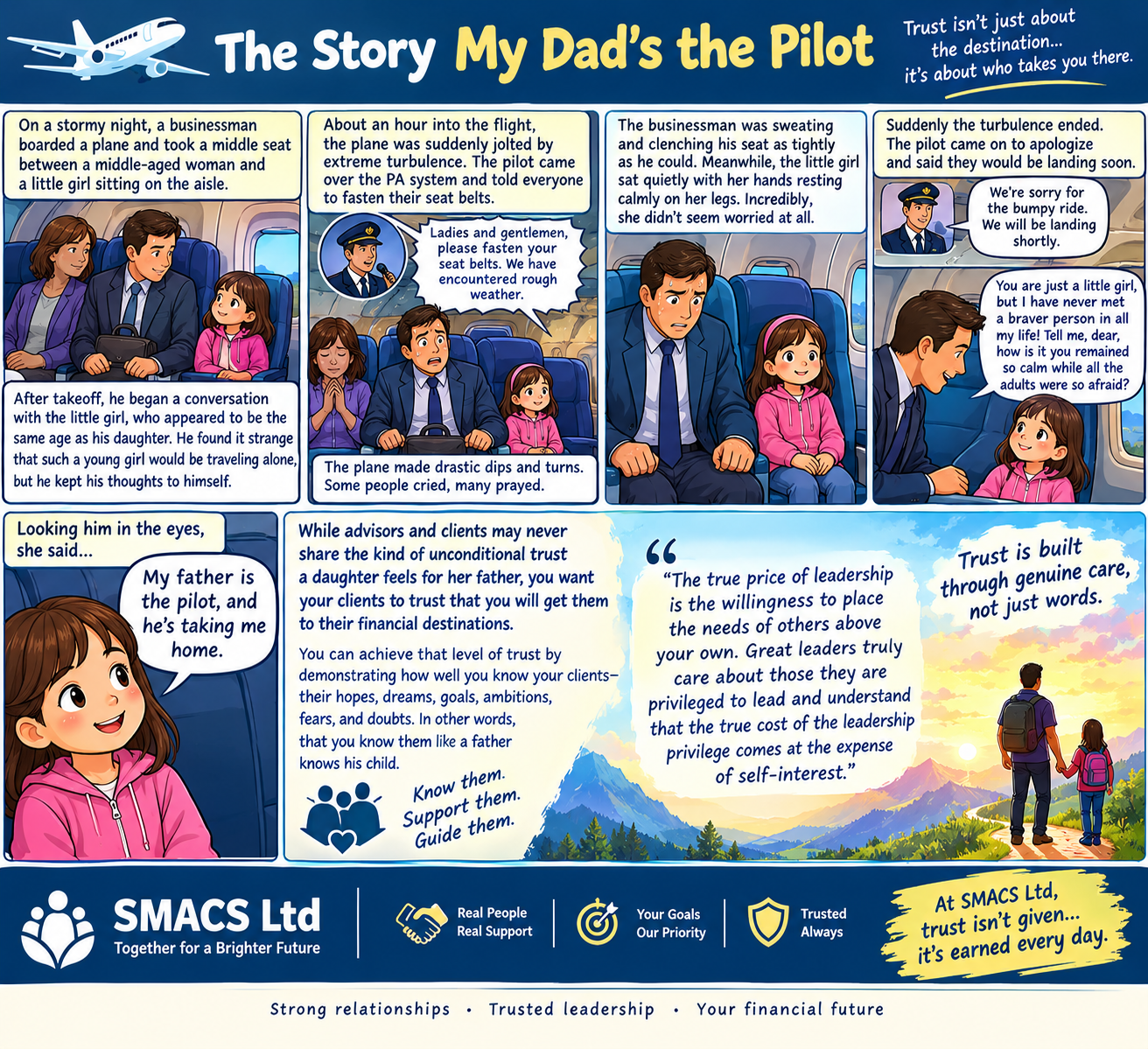 Illustrated story of a young girl remaining calm on a turbulent flight because her father is the pilot