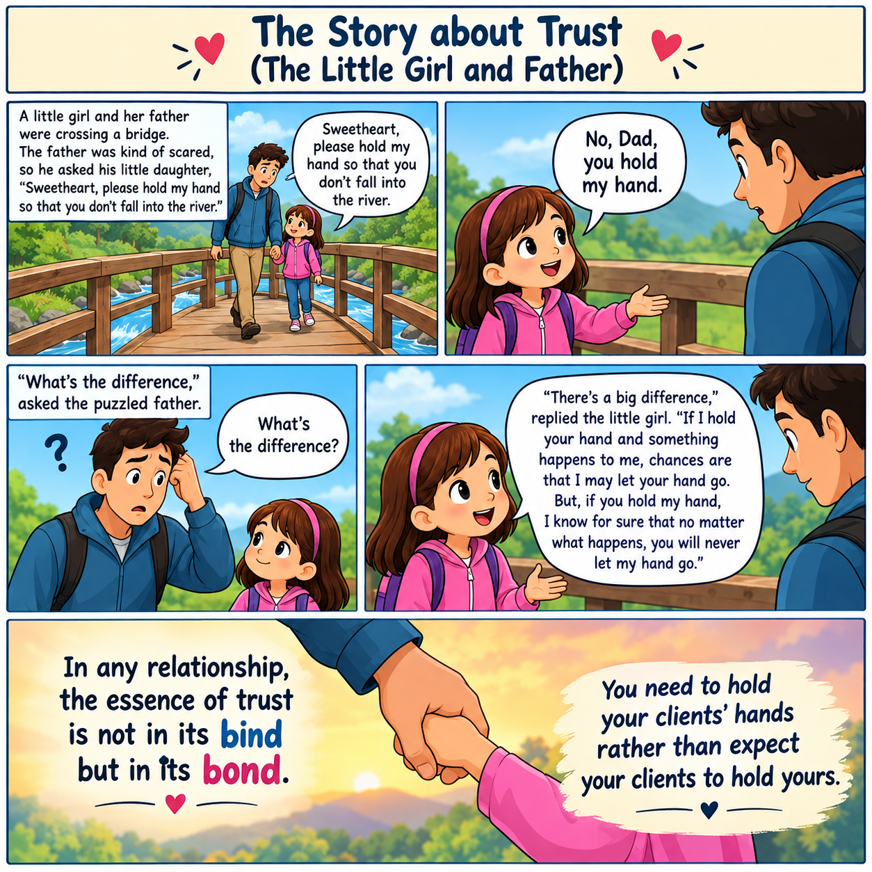 Illustrated story of a little girl and her father crossing a bridge and holding hands