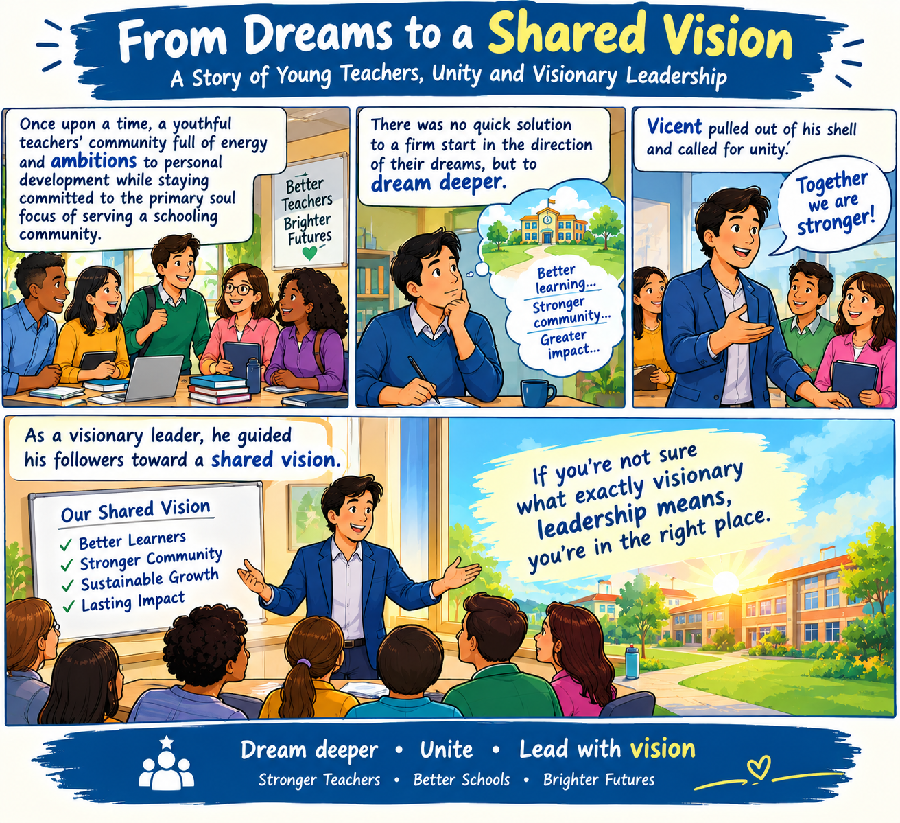 Illustrated story of young teachers moving from dreams to a shared vision through unity and visionary leadership
